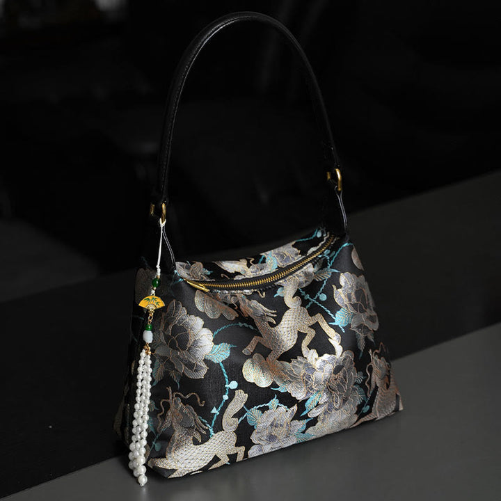 Buddha Stones Lotos Bambus Żuraw Jeleń Motyl Góra Xiangyunsha Jedwab Piosenka Brokatowa Torba Crossbody Torba na Ramię