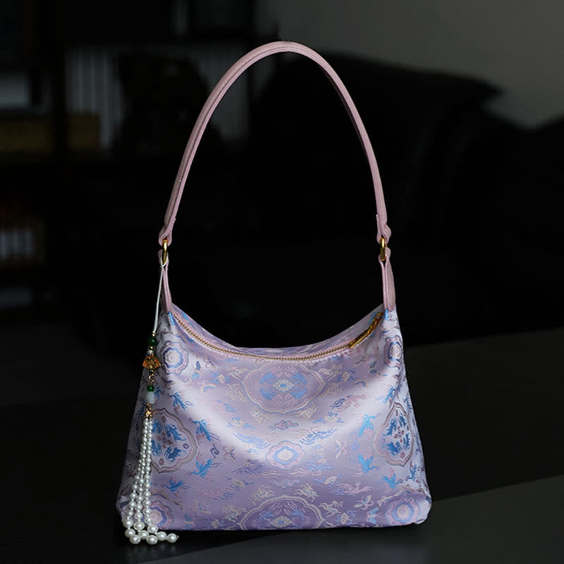 Buddha Stones Lotos Bambus Żuraw Jeleń Motyl Góra Xiangyunsha Jedwab Piosenka Brokatowa Torba Crossbody Torba na Ramię