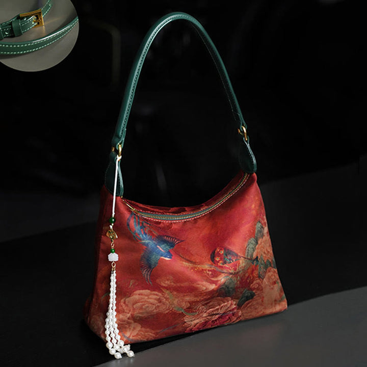 Buddha Stones Lotos Bambus Żuraw Jeleń Motyl Góra Xiangyunsha Jedwab Piosenka Brokatowa Torba Crossbody Torba na Ramię