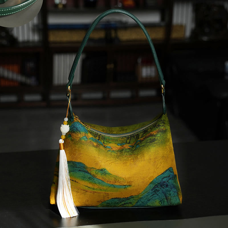 Buddha Stones Lotos Bambus Żuraw Jeleń Motyl Góra Xiangyunsha Jedwab Piosenka Brokatowa Torba Crossbody Torba na Ramię