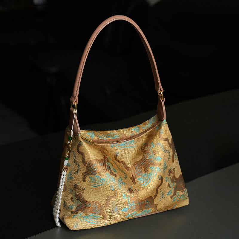 Buddha Stones Lotos Bambus Żuraw Jeleń Motyl Góra Xiangyunsha Jedwab Piosenka Brokatowa Torba Crossbody Torba na Ramię