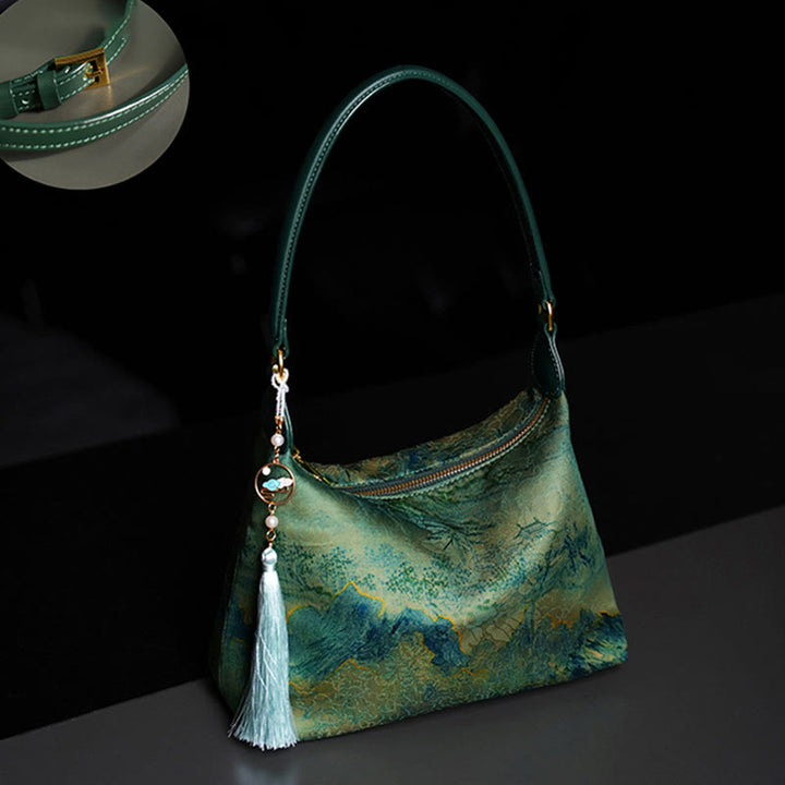 Buddha Stones Lotos Bambus Żuraw Jeleń Motyl Góra Xiangyunsha Jedwab Piosenka Brokatowa Torba Crossbody Torba na Ramię