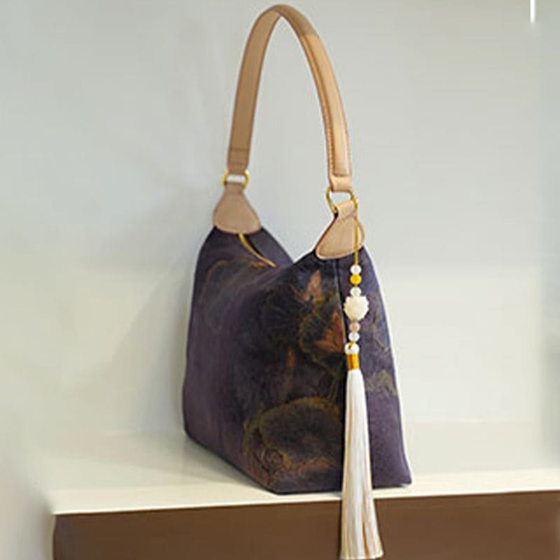 Buddha Stones Lotos Bambus Żuraw Jeleń Motyl Góra Xiangyunsha Jedwab Piosenka Brokatowa Torba Crossbody Torba na Ramię