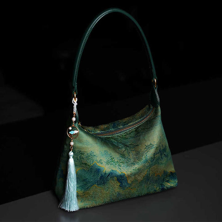 Buddha Stones Lotos Bambus Żuraw Jeleń Motyl Góra Xiangyunsha Jedwab Piosenka Brokatowa Torba Crossbody Torba na Ramię