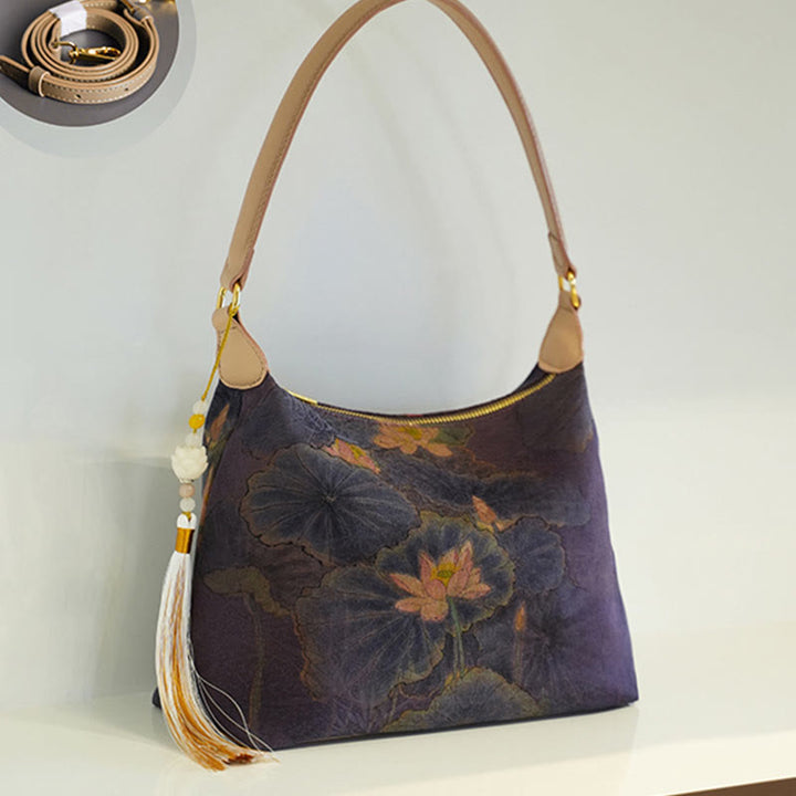 Buddha Stones Lotos Bambus Żuraw Jeleń Motyl Góra Xiangyunsha Jedwab Piosenka Brokatowa Torba Crossbody Torba na Ramię