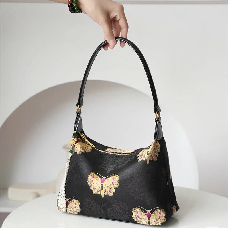 Buddha Stones Lotos Bambus Żuraw Jeleń Motyl Góra Xiangyunsha Jedwab Piosenka Brokatowa Torba Crossbody Torba na Ramię