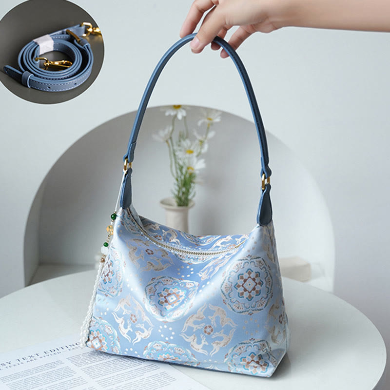 Buddha Stones Lotos Bambus Żuraw Jeleń Motyl Góra Xiangyunsha Jedwab Piosenka Brokatowa Torba Crossbody Torba na Ramię