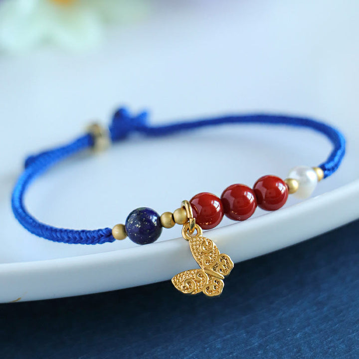 Bransoletka z Buddha Stones Klein Blue String z południowo-czerwonym agatem i granatem, niebieskim awenturynem, lazurytem, ​​lapis lazuli, miedzianym motylem Fu Character Positive - image 0