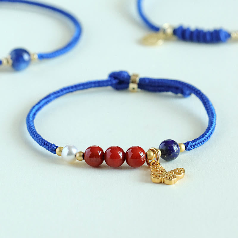 Bransoletka z Buddha Stones Klein Blue String z południowo-czerwonym agatem i granatem, niebieskim awenturynem, lazurytem, ​​lapis lazuli, miedzianym motylem Fu Character Positive - image 2