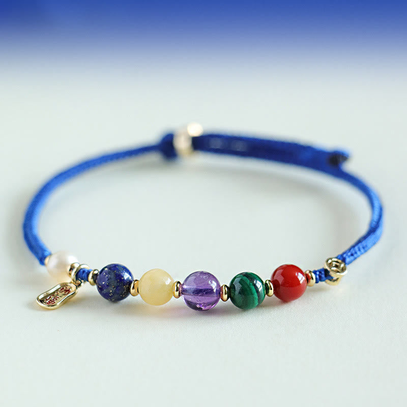 Bransoletka z Buddha Stones Klein Blue String z południowo-czerwonym agatem i granatem, niebieskim awenturynem, lazurytem, ​​lapis lazuli, miedzianym motylem Fu Character Positive - image 9