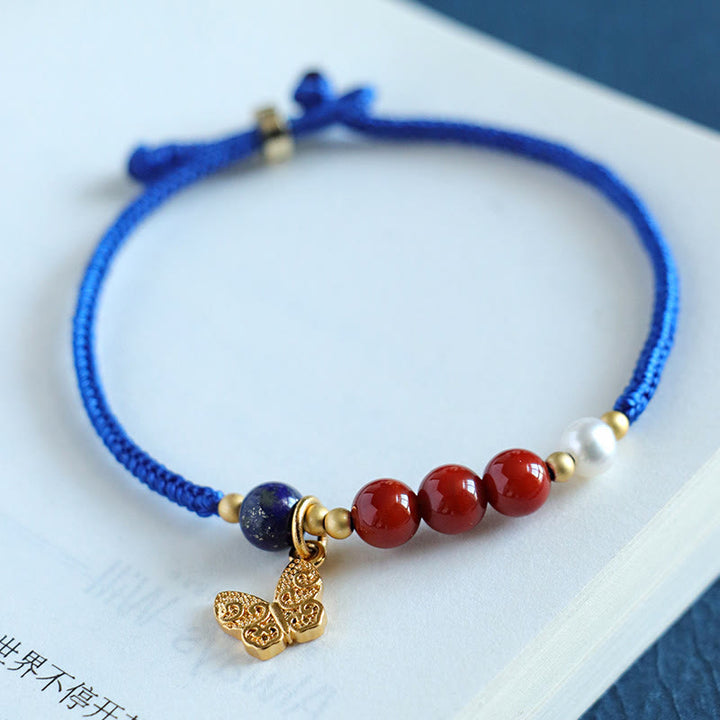 Bransoletka z Buddha Stones Klein Blue String z południowo-czerwonym agatem i granatem, niebieskim awenturynem, lazurytem, ​​lapis lazuli, miedzianym motylem Fu Character Positive - image 3