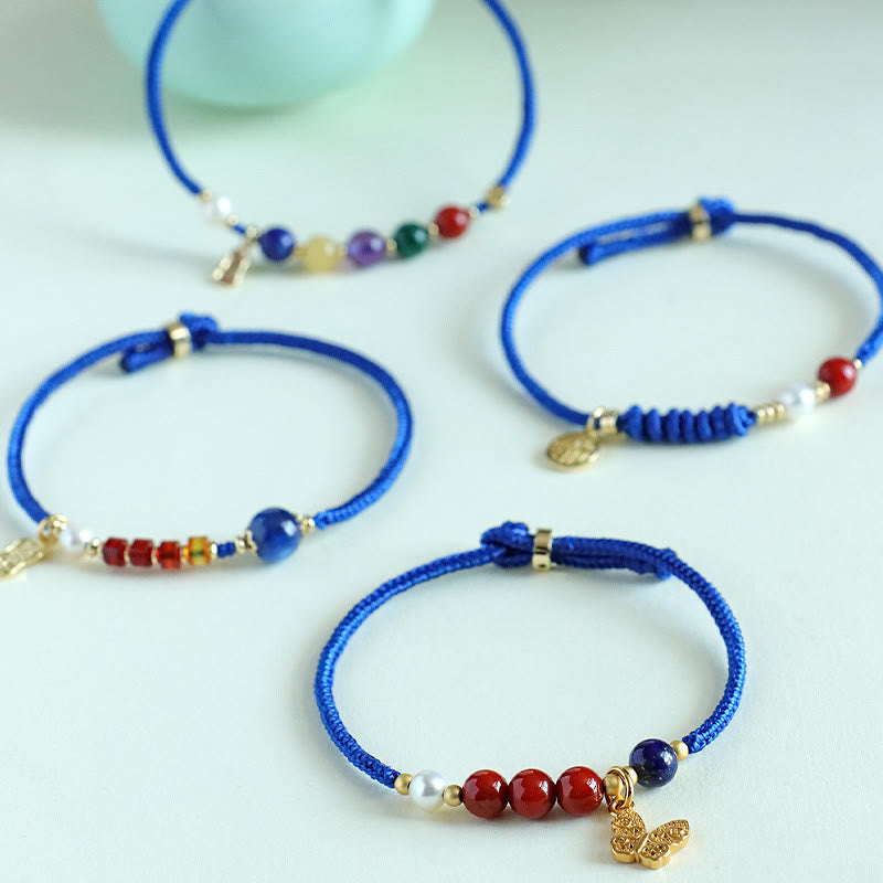 Bransoletka z Buddha Stones Klein Blue String z południowo-czerwonym agatem i granatem, niebieskim awenturynem, lazurytem, ​​lapis lazuli, miedzianym motylem Fu Character Positive - image 14