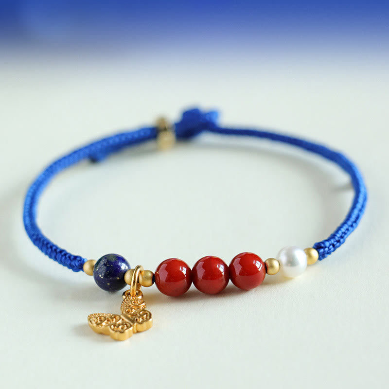 Bransoletka z Buddha Stones Klein Blue String z południowo-czerwonym agatem i granatem, niebieskim awenturynem, lazurytem, ​​lapis lazuli, miedzianym motylem Fu Character Positive - image 1