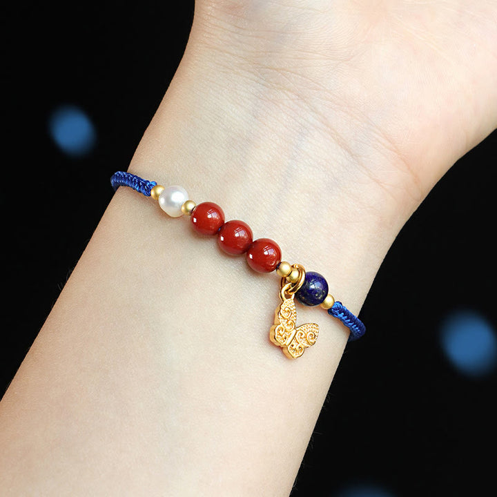 Bransoletka z Buddha Stones Klein Blue String z południowo-czerwonym agatem i granatem, niebieskim awenturynem, lazurytem, ​​lapis lazuli, miedzianym motylem Fu Character Positive - image 4