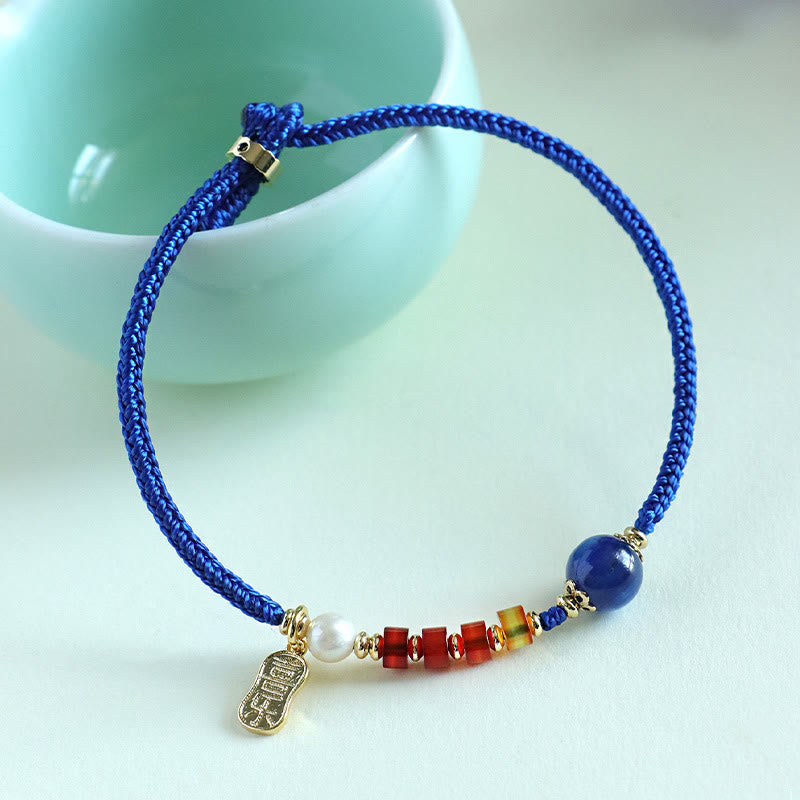 Buddha Stones Klein Niebieski sznurek Południowy czerwony agat Granat Niebieski awenturyn Lazuryt Miedź Motyl Fu Charakter Pozytywna bransoletka