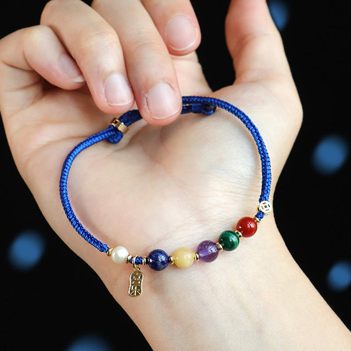Bransoletka z Buddha Stones Klein Blue String z południowo-czerwonym agatem i granatem, niebieskim awenturynem, lazurytem, ​​lapis lazuli, miedzianym motylem Fu Character Positive - image 10
