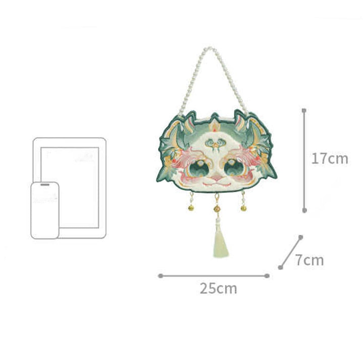 Buddha Stones Dwustronna Mityczna Bestia Bai Ze Haft Perłowy Łańcuszek Torba na Ramię Torba Crossbody