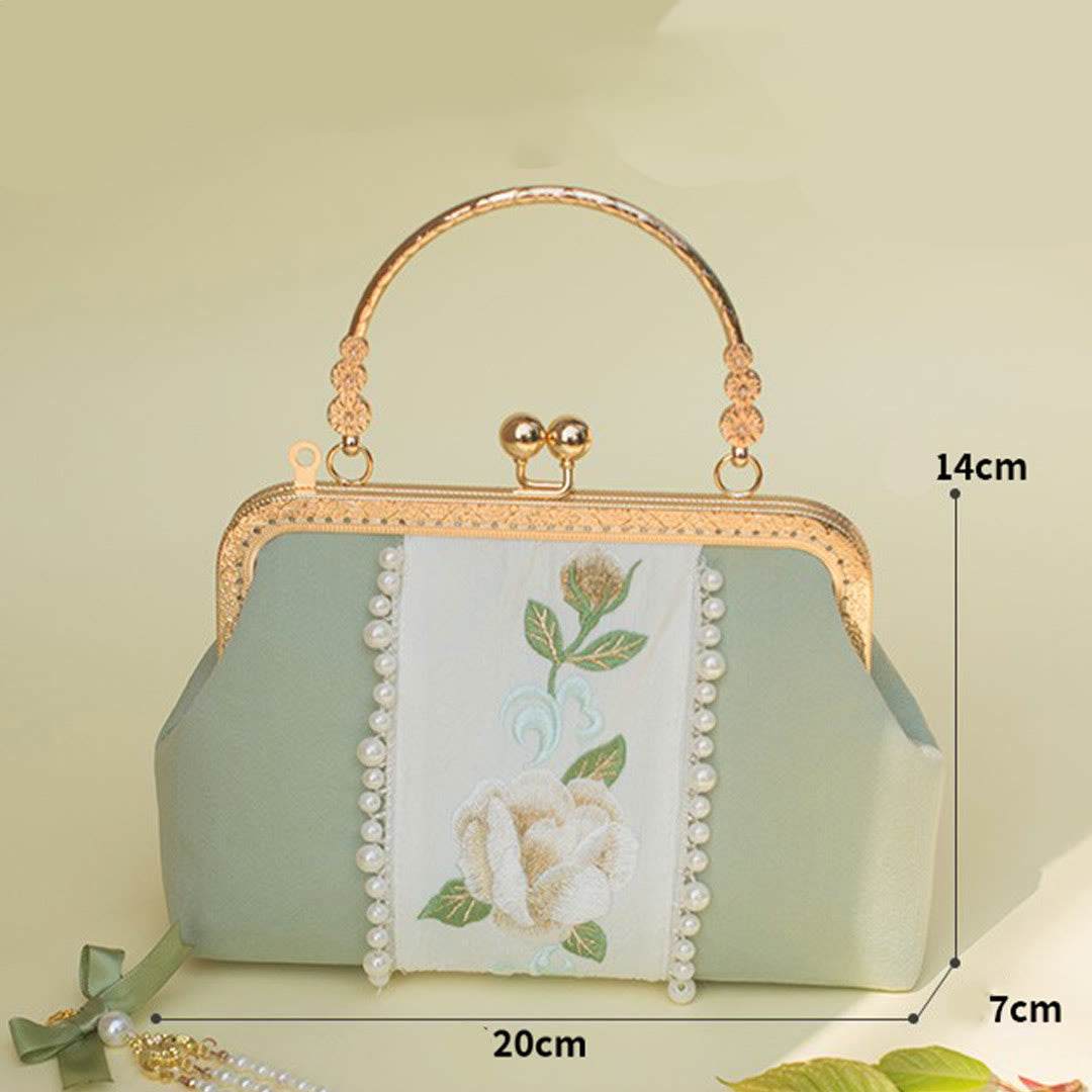 Buddha Stones Dwustronne kwiaty Haft Perła Wisiorek Metalowy Łańcuch Torba Crossbody Torebki