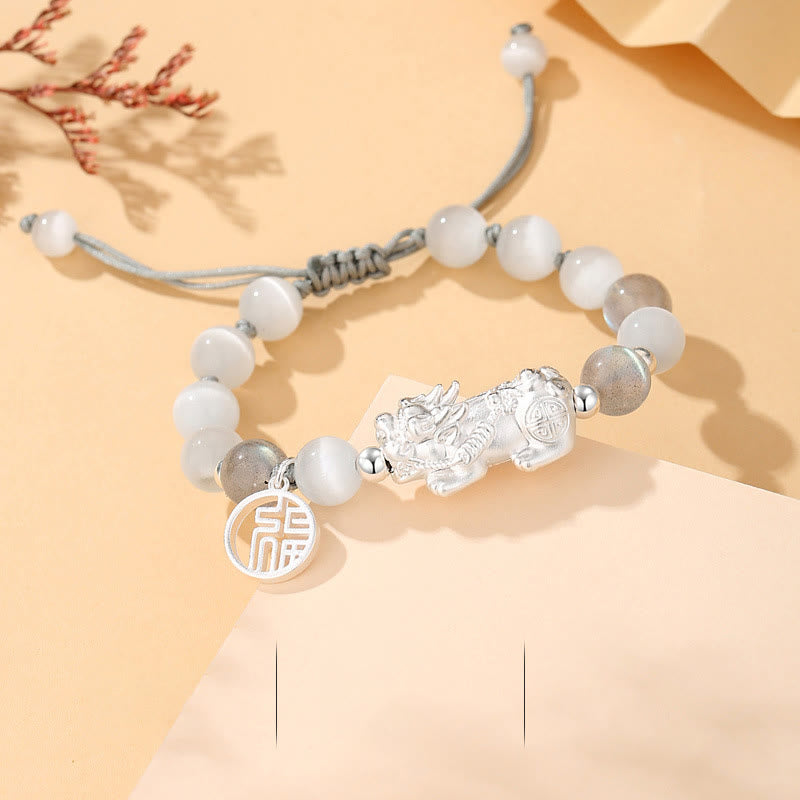 Buddha Stones Pi Xiu Sześć Prawdziwych Słów 999 Srebro Sterlingowe Czarny Obsydian Biały Turkus Chryzoberyl Bransoletka Szczęścia - Srebro próby 999 z kamieniem księżycowym chryzoberylowym (obwód nadgarstka: 16-21 cm) - image 12