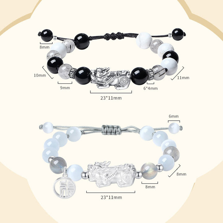 Buddha Stones Pi Xiu Sześć Prawdziwych Słów 999 Srebro Sterlingowe Czarny Obsydian Biały Turkus Chryzoberyl Bransoletka Szczęścia - 2 szt. - image 17