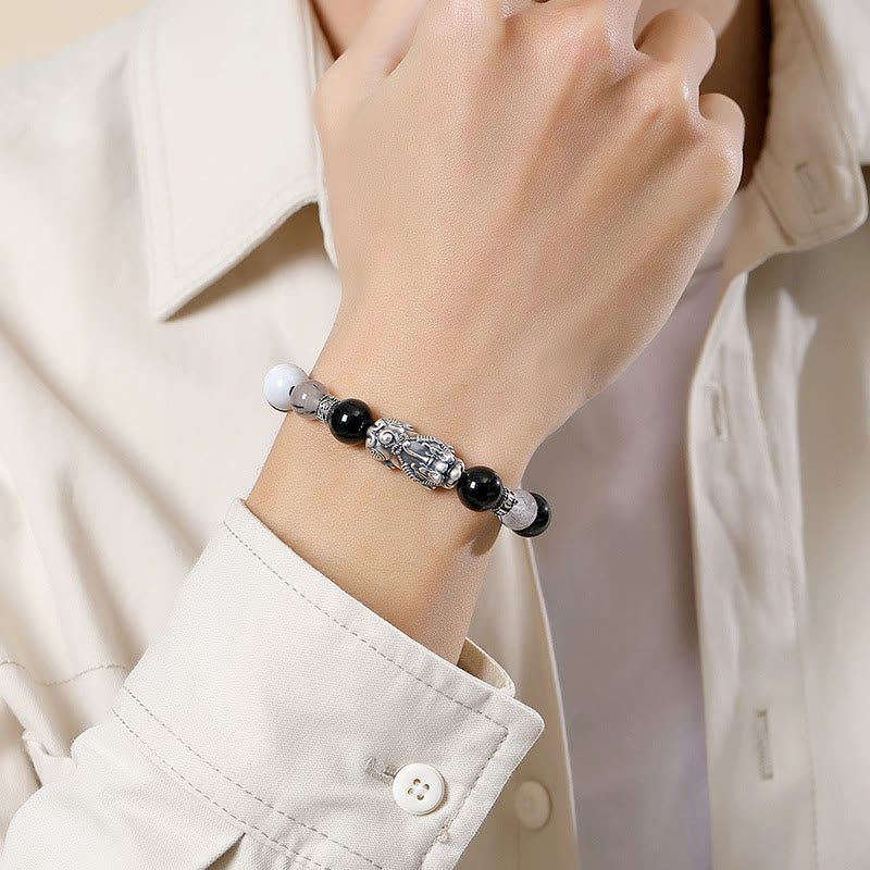 Buddha Stones Pi Xiu Sześć Prawdziwych Słów 999 Srebro Sterlingowe Czarny Obsydian Biały Turkus Chryzoberyl Bransoletka Szczęścia - image 4