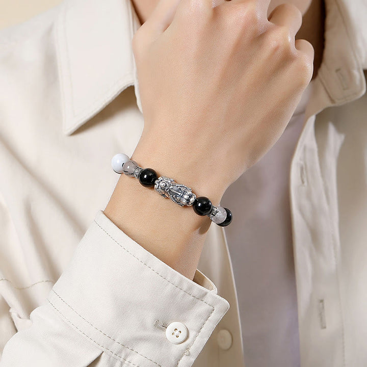 Buddha Stones Pi Xiu Sześć Prawdziwych Słów 999 Srebro Sterlingowe Czarny Obsydian Biały Turkus Chryzoberyl Bransoletka Szczęścia - image 4