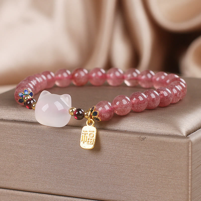 Bransoletka lecznicza z Buddha Stones, kwarcem truskawkowym i białym jadeitem, kotem Fu - image 2