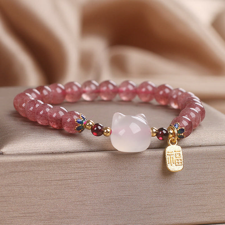 Bransoletka lecznicza z Buddha Stones, kwarcem truskawkowym i białym jadeitem, kotem Fu - image 3