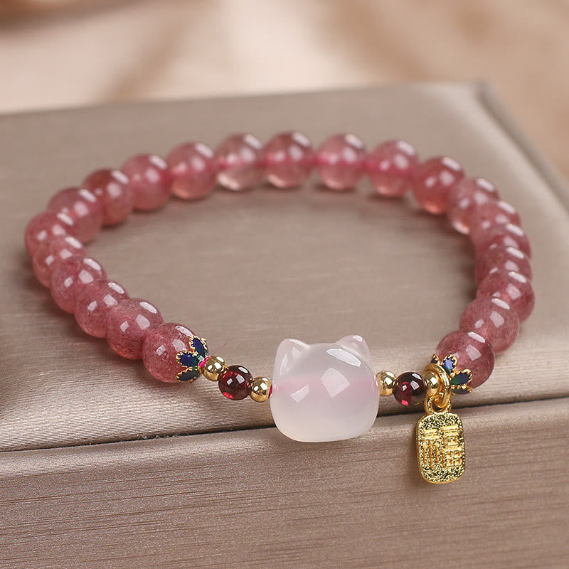 Bransoletka lecznicza z Buddha Stones, kwarcem truskawkowym i białym jadeitem, kotem Fu - image 4