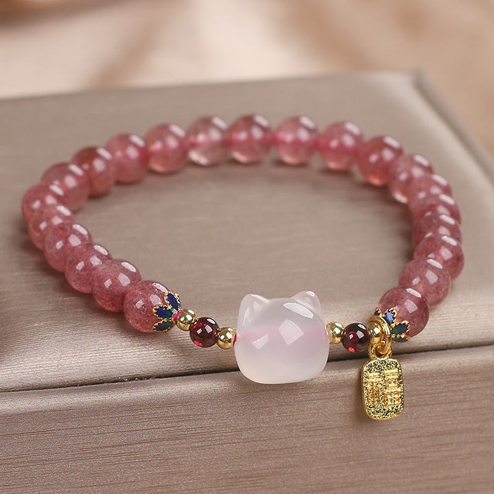 Bransoletka lecznicza z Buddha Stones, kwarcem truskawkowym i białym jadeitem, kotem Fu - image 4