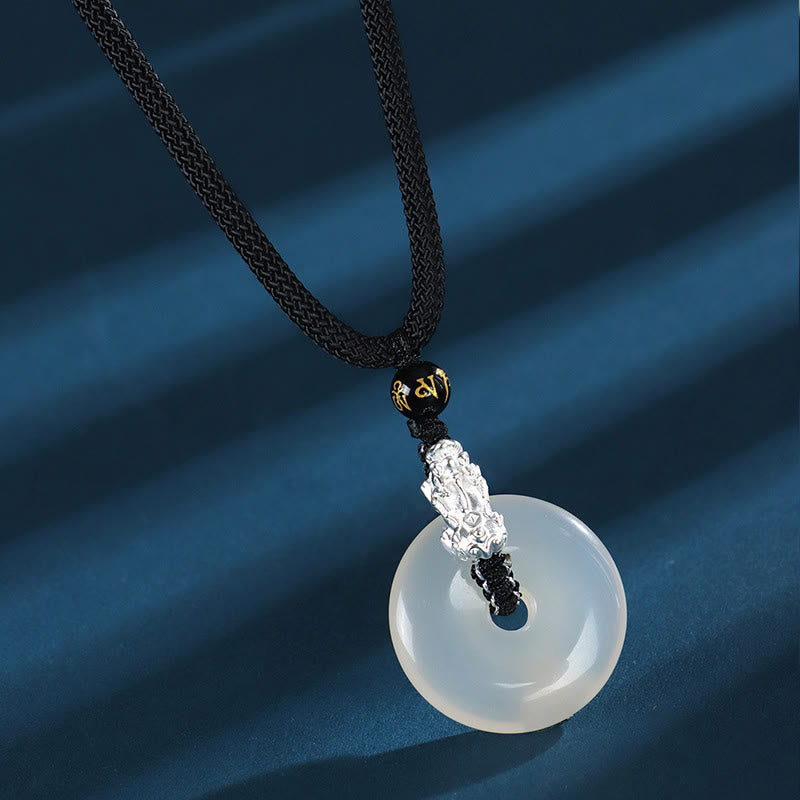 Buddha Stones Biały Agat Srebro Sterling 999 Czarny Onyks Zielone Drzewo Sandałowe Pi Xiu Klamra Pokoju Sześć Prawdziwych Słów Naszyjnik Wisiorek - Biały agat, srebro próby 999, czarny onyks - image 2
