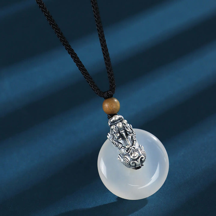 Buddha Stones Biały Agat Srebro Sterling 999 Czarny Onyks Zielone Drzewo Sandałowe Pi Xiu Klamra Pokoju Sześć Prawdziwych Słów Naszyjnik Wisiorek - Biały agat, srebro próby 999, zielone drzewo sandałowe - image 4