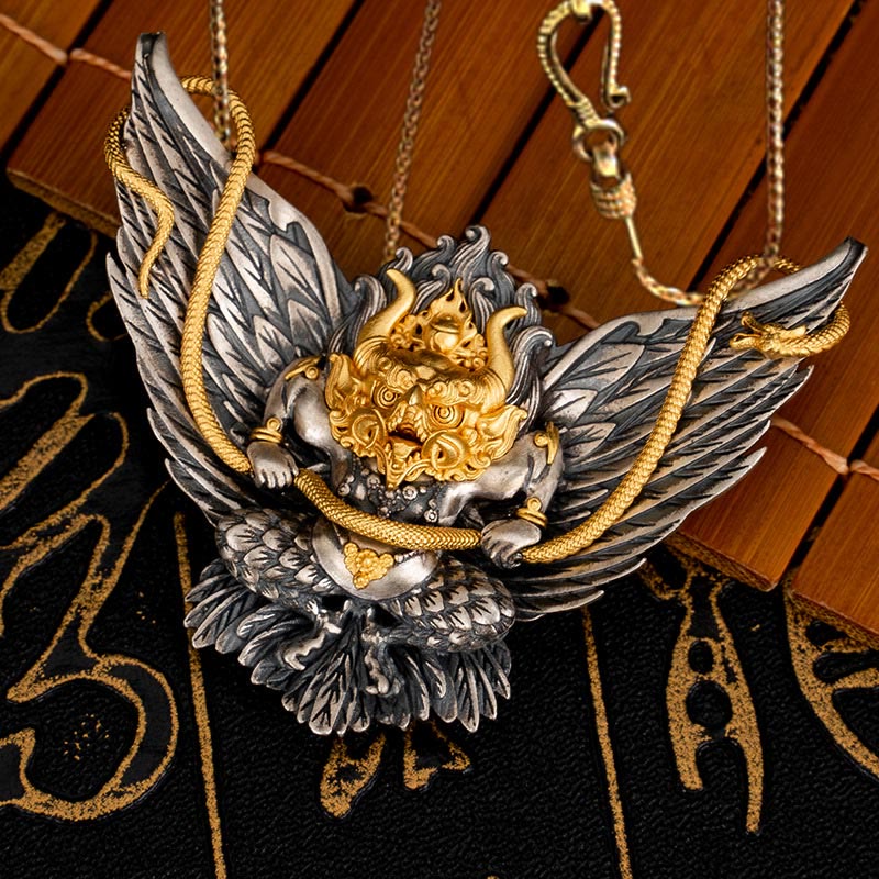 Buddha Stones 925 Srebro Sterling Tybetański Garuda Ptak Smok Wąż Mądrość Naszyjnik Wisiorek - Garuda&58cm Złoty łańcuszek miedziany - image 12