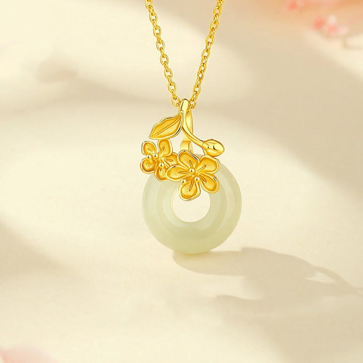 Buddha Stones Hetian Jade 999 Srebro Sterlingowe Klamra Pokoju Naszyjnik Wisiorek Kwiat Brzoskwini