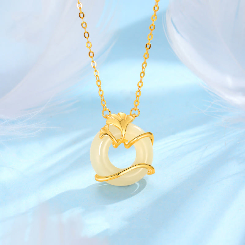 Buddha Stones Hetian Jade 925 Srebro Sterling Klamra Pokoju Naszyjnik Wisiorek Liść Miłorzębu - Złoty 925 Srebro Sterling Jade Hetian - image 0