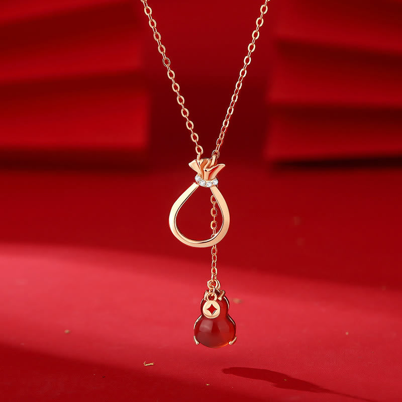 Buddha Stones Czerwony Agat Chalcedon 925 Srebro Sterling Tykwa Szczęście Torba Pewność Naszyjnik Wisiorek