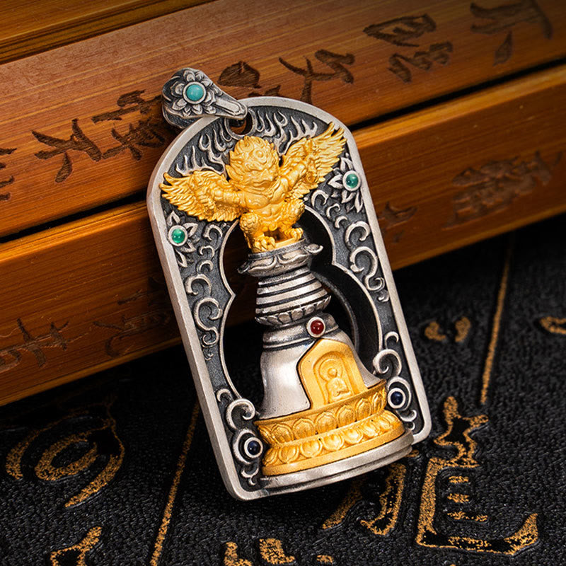 Buddha Stones 925 Srebro Tybetańskie Garuda Ptak Wadżra Dorje Dzwonek Ochronny Naszyjnik Wisiorek