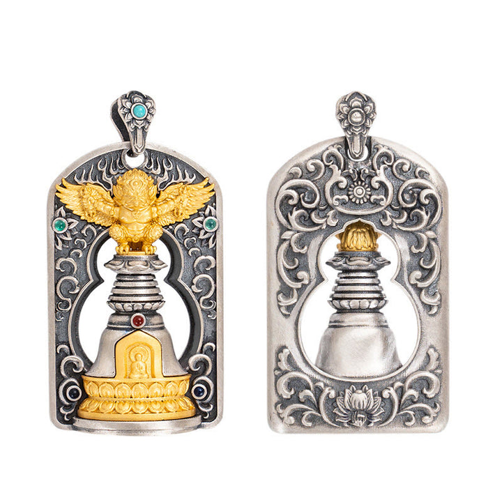 Buddha Stones 925 Srebro Tybetańskie Garuda Ptak Wadżra Dorje Dzwonek Ochronny Naszyjnik Wisiorek