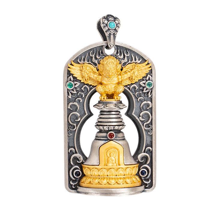 Buddha Stones 925 Srebro Tybetańskie Garuda Ptak Wadżra Dorje Dzwonek Ochronny Naszyjnik Wisiorek