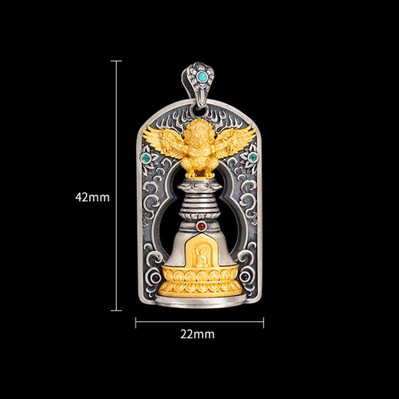 Buddha Stones 925 Srebro Tybetańskie Garuda Ptak Wadżra Dorje Dzwonek Ochronny Naszyjnik Wisiorek