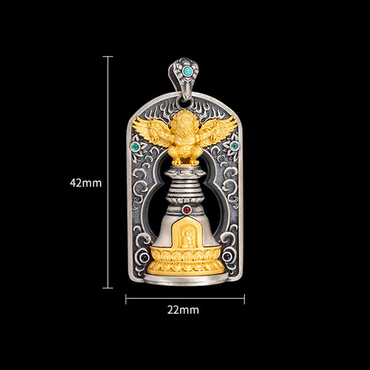 Buddha Stones 925 Srebro Tybetańskie Garuda Ptak Wadżra Dorje Dzwonek Ochronny Naszyjnik Wisiorek