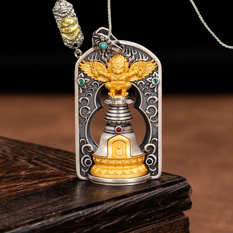 Buddha Stones 925 Srebro Tybetańskie Garuda Ptak Wadżra Dorje Dzwonek Ochronny Naszyjnik Wisiorek