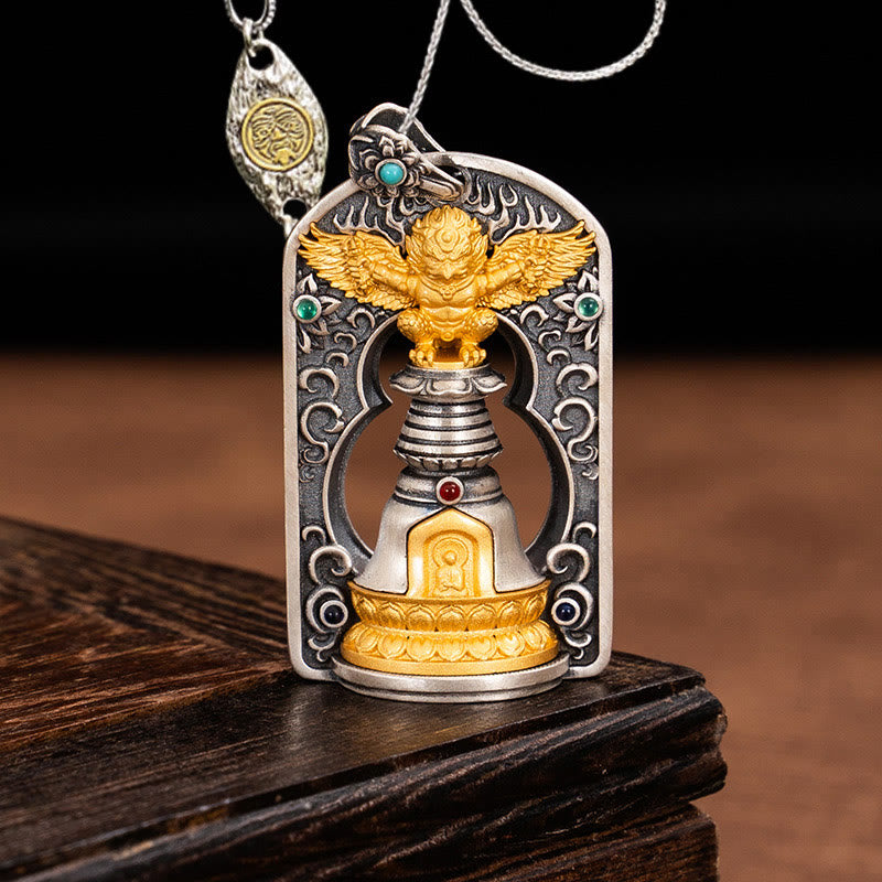Buddha Stones 925 Srebro Tybetańskie Garuda Ptak Wadżra Dorje Dzwonek Ochronny Naszyjnik Wisiorek