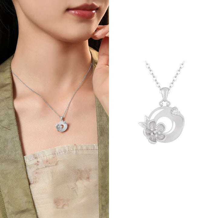 Buddha Stones Chalcedon 925 Srebro Sterlingowe Klamra Pokoju Kwiaty Naszyjnik Wisiorek - Kwiat moreli - Srebro próby 925, chalcedon - image 29