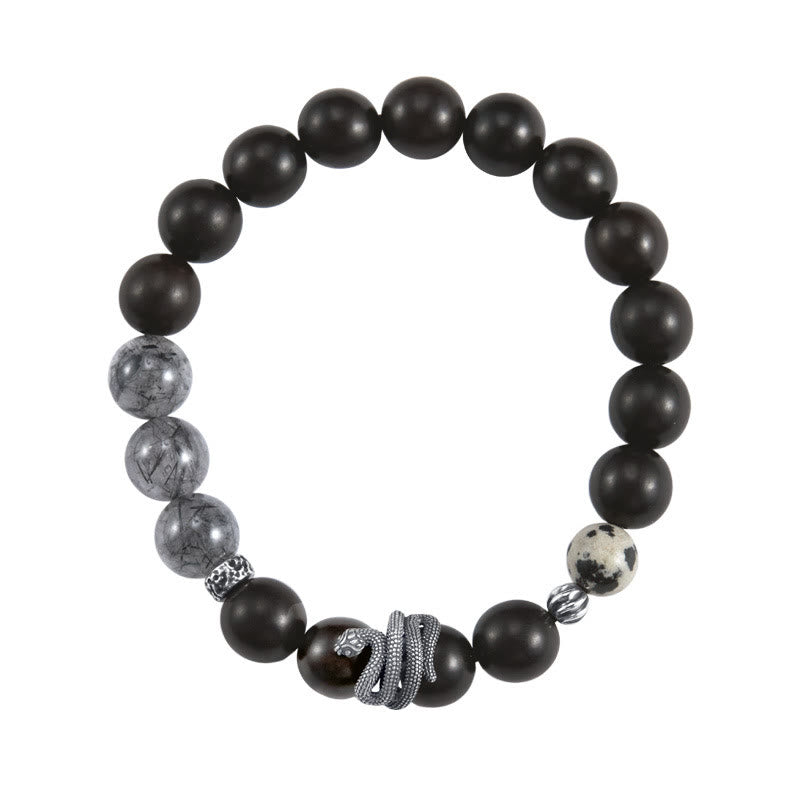 Buddha Stones Hebanowe Czarny Kwarc Rutilowany 925 Srebro Sterling Bransoletka Rok Węża Równowaga