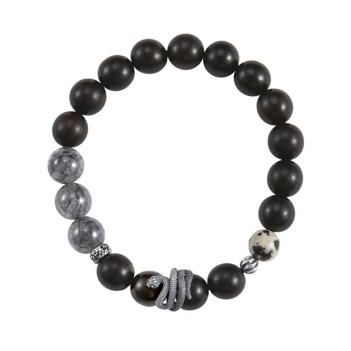 Buddha Stones Hebanowe Czarny Kwarc Rutilowany 925 Srebro Sterling Bransoletka Rok Węża Równowaga