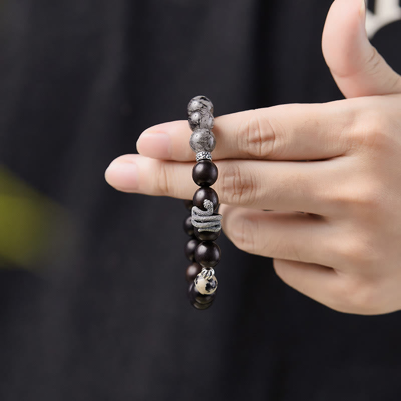 Buddha Stones Hebanowe Czarny Kwarc Rutilowany 925 Srebro Sterling Bransoletka Rok Węża Równowaga