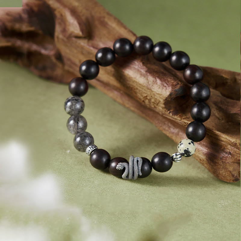 Buddha Stones Hebanowe Czarny Kwarc Rutilowany 925 Srebro Sterling Bransoletka Rok Węża Równowaga
