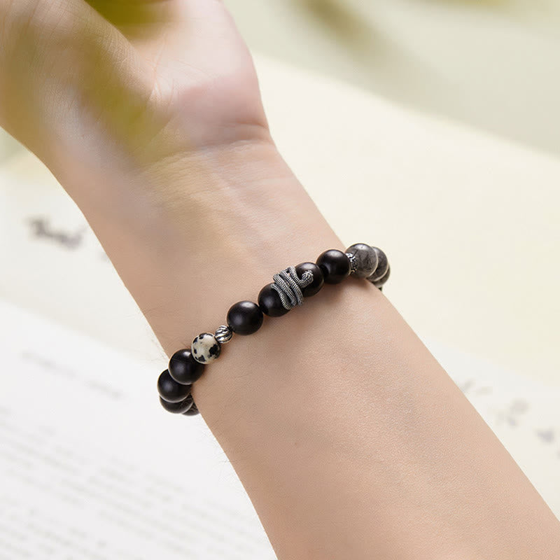 Buddha Stones Hebanowe Czarny Kwarc Rutilowany 925 Srebro Sterling Bransoletka Rok Węża Równowaga