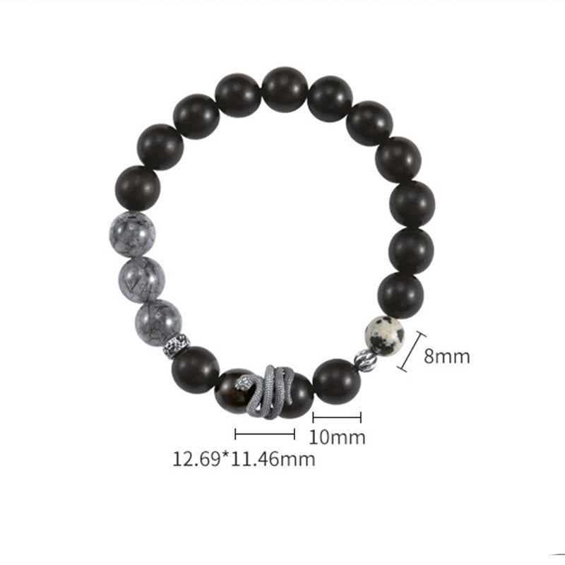 Buddha Stones Hebanowe Czarny Kwarc Rutilowany 925 Srebro Sterling Bransoletka Rok Węża Równowaga